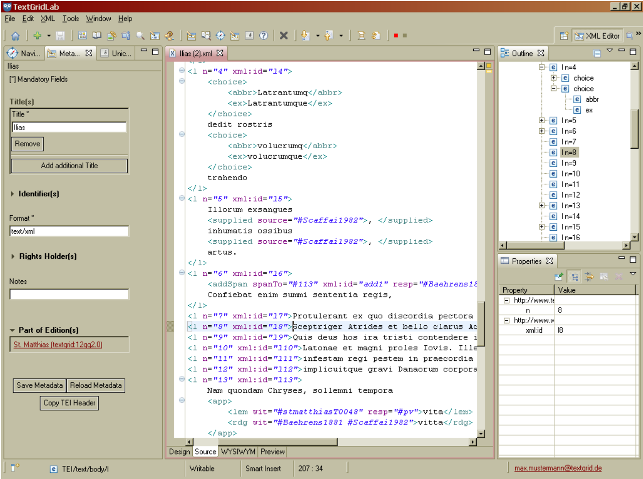Eingebauter XML-Editor in TextGrid-Lab. Der lizenzpflichtige Editor Oxygen kann nachinstalliert werden.